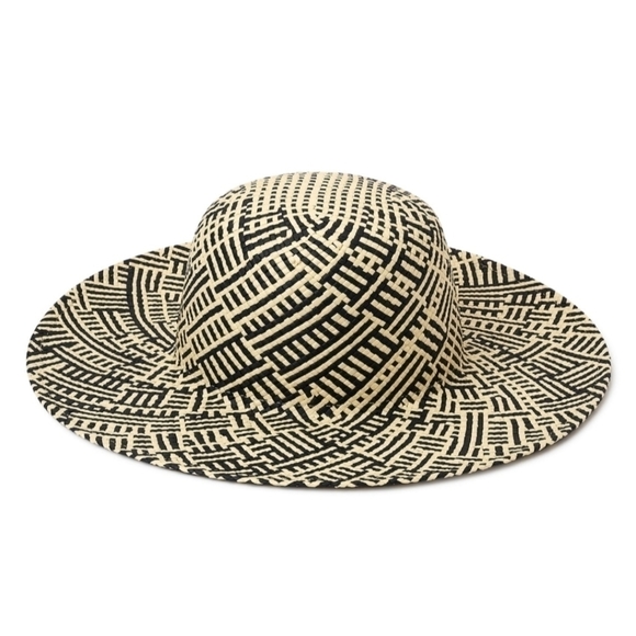 Two Tone Wide Brim Woven Straw Hat in Black and Tan One Size NWT - Picture 2 of 3